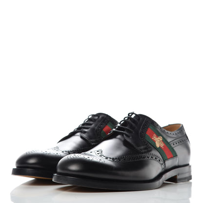 Gucci Calfskin Web Bee Embroidered Mens Wingtip Derby Loafers 10 Black 3 of 14