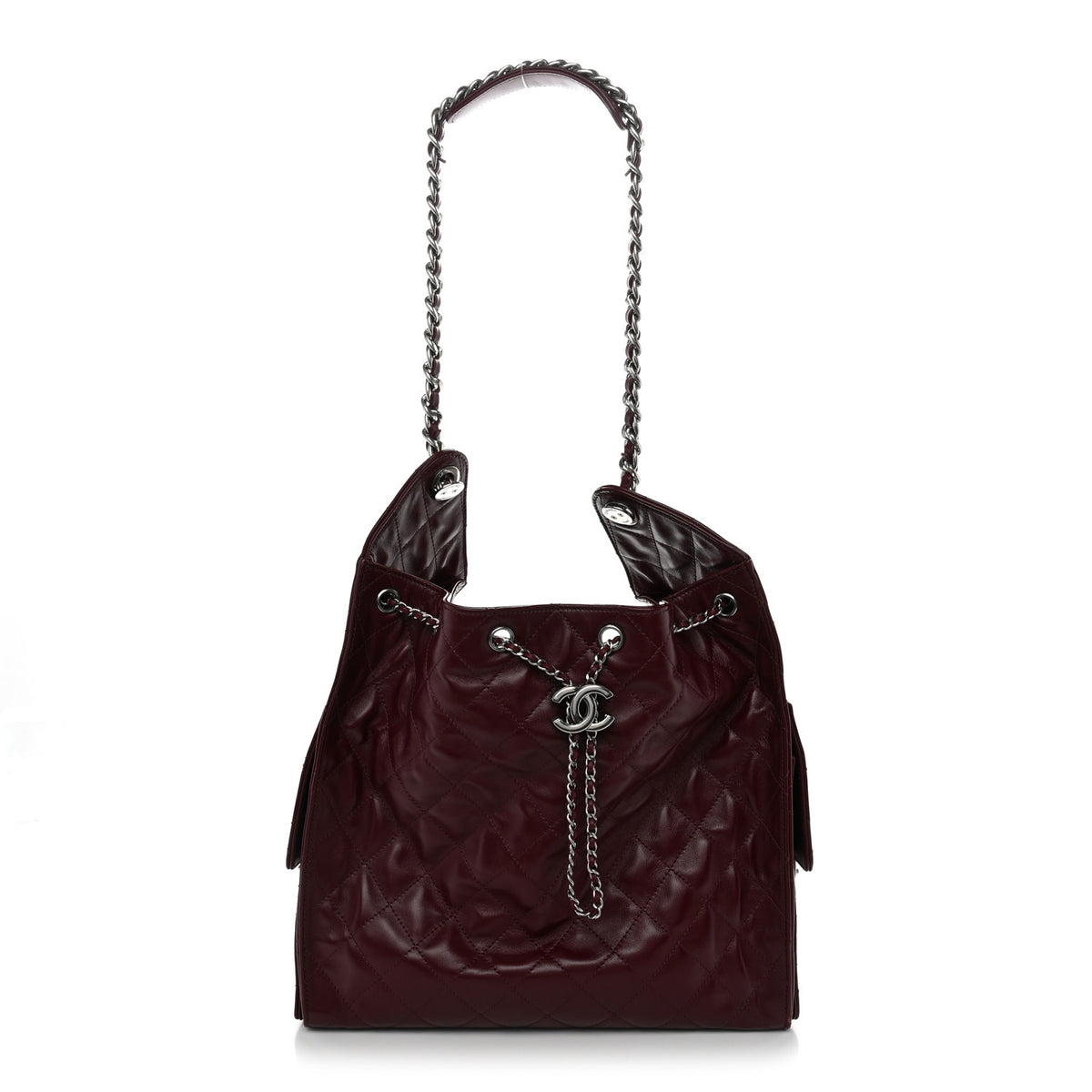 Shiny Crumpled Calfskin Quilted Medium Chanel 25 Handbag Dark Burgundy