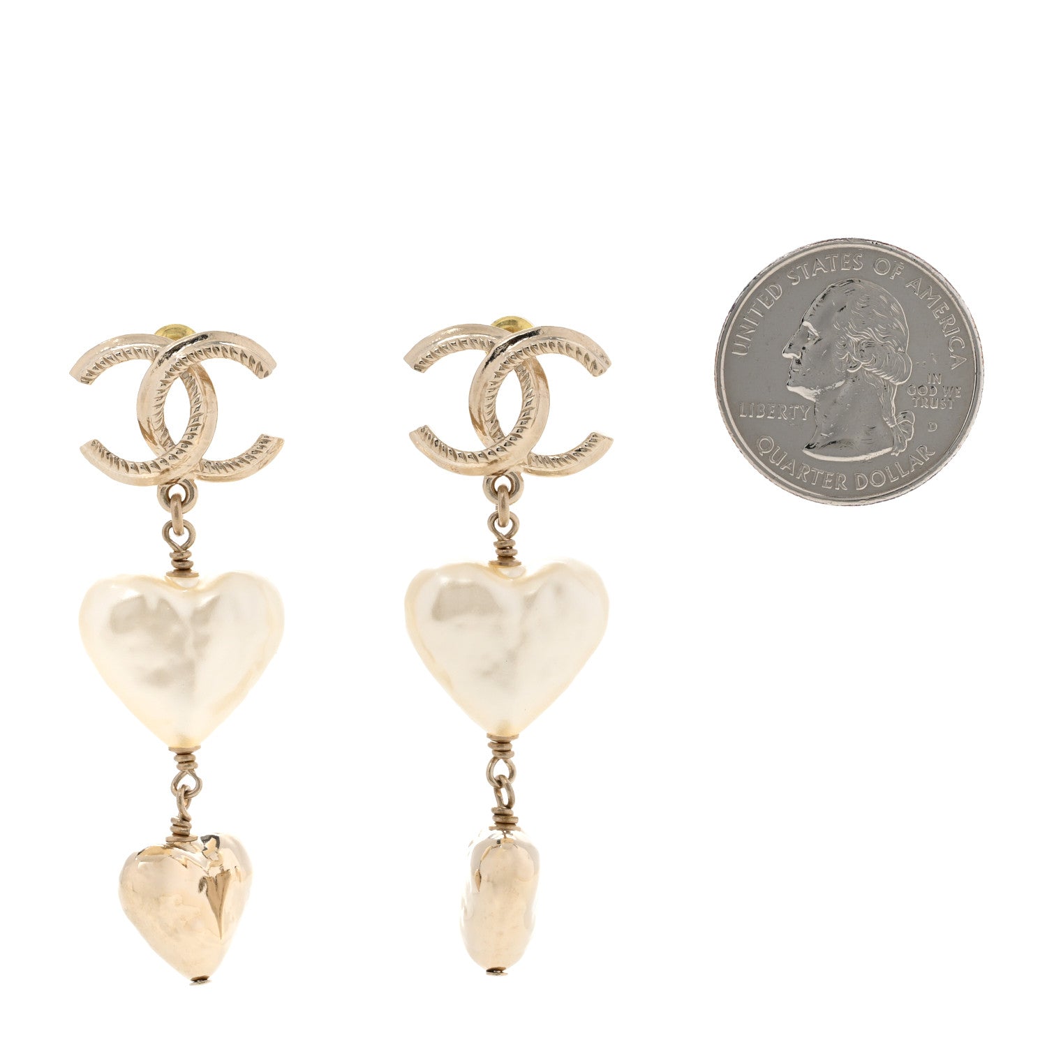 Chanel Metal Pearl CC Double Heart Drop Earrings Gold 2 of 5