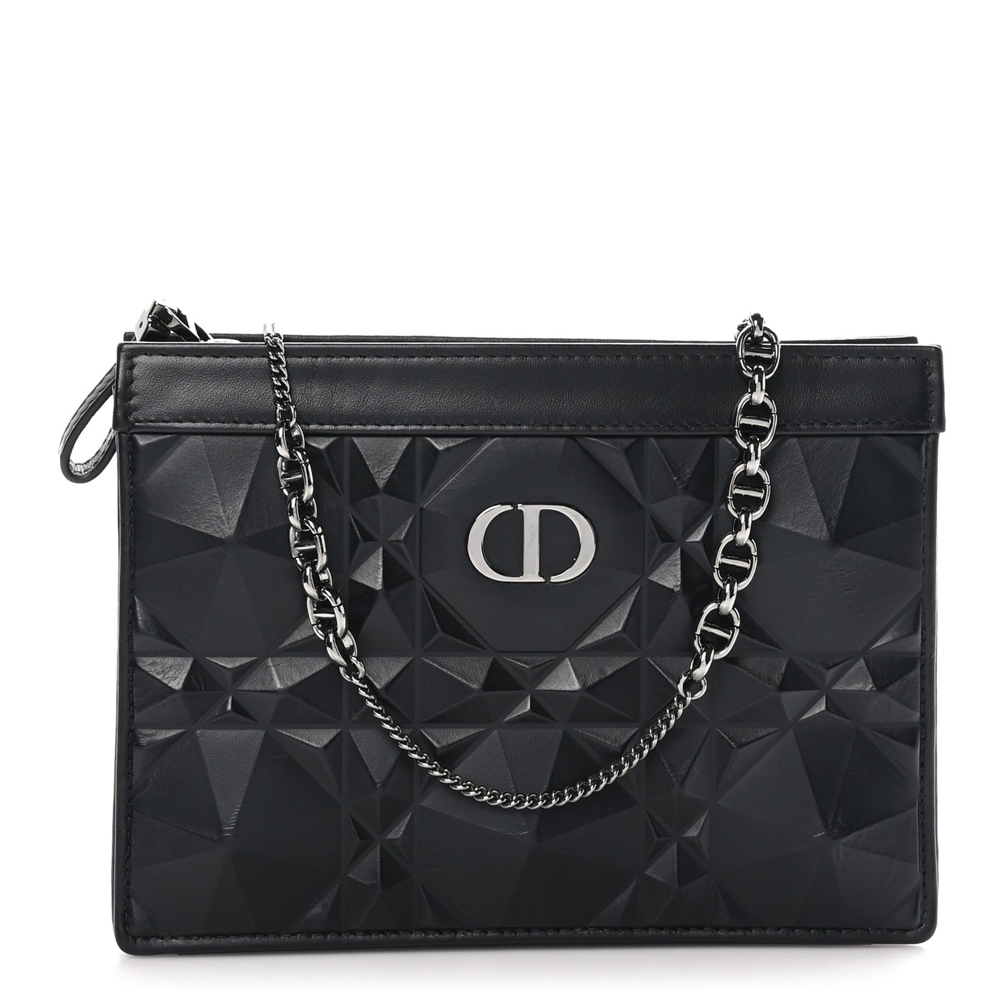 Calfskin Macrocannage Diamond Caro Zipped Pouch With Chain Black