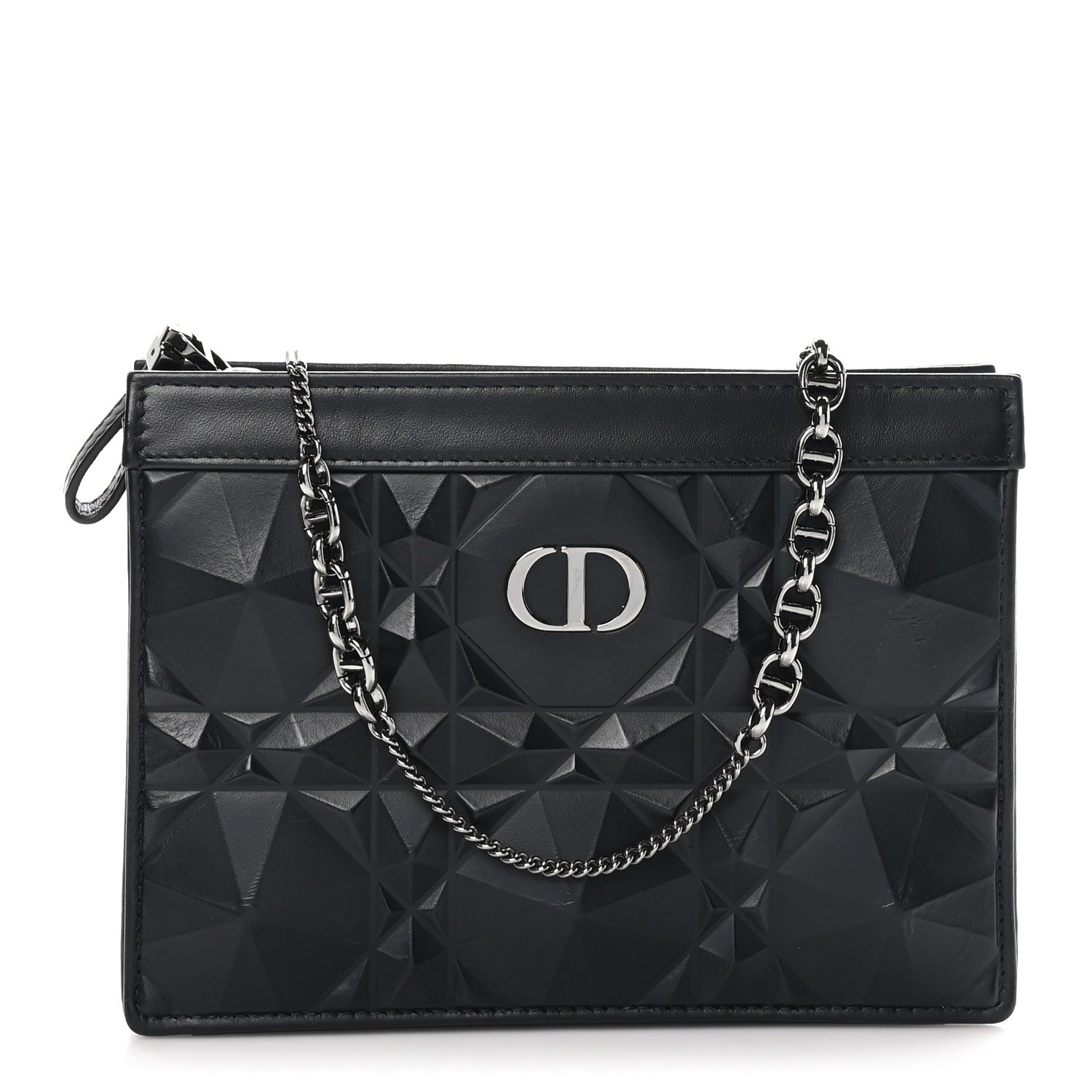 Christian Dior Calfskin Macrocannage Diamond Caro Zipped Pouch With Chain Black 1 of 12