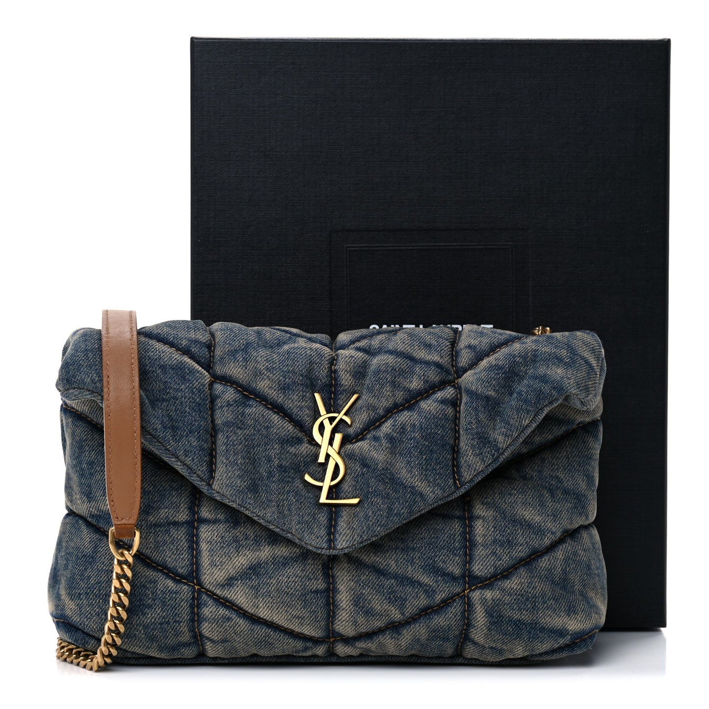Denim Quilted Toy Loulou Puffer Monogram Chain Satchel Blue Cinnamon