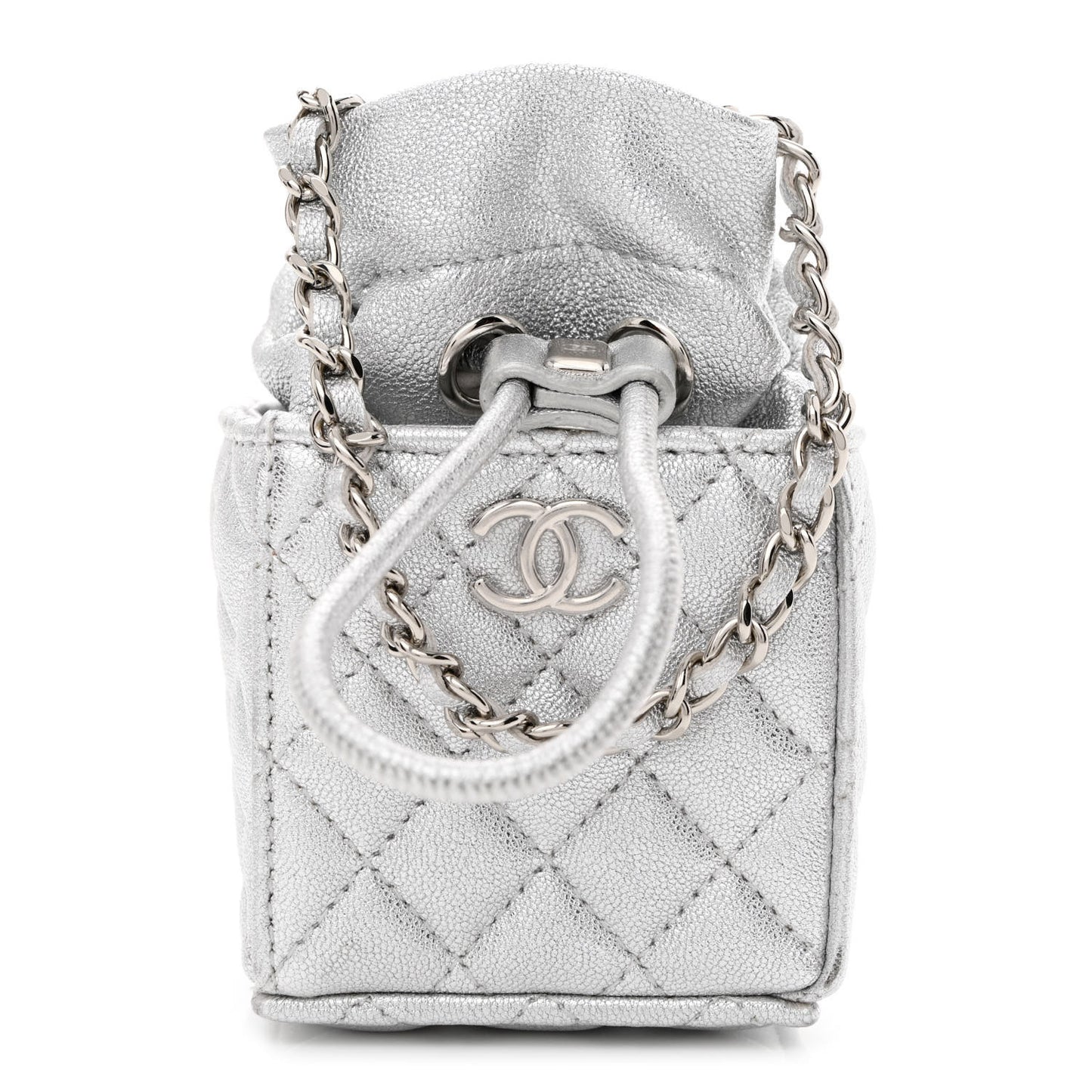 Metallic Caviar Quilted Mini Drawstring Bucket Bag Silver