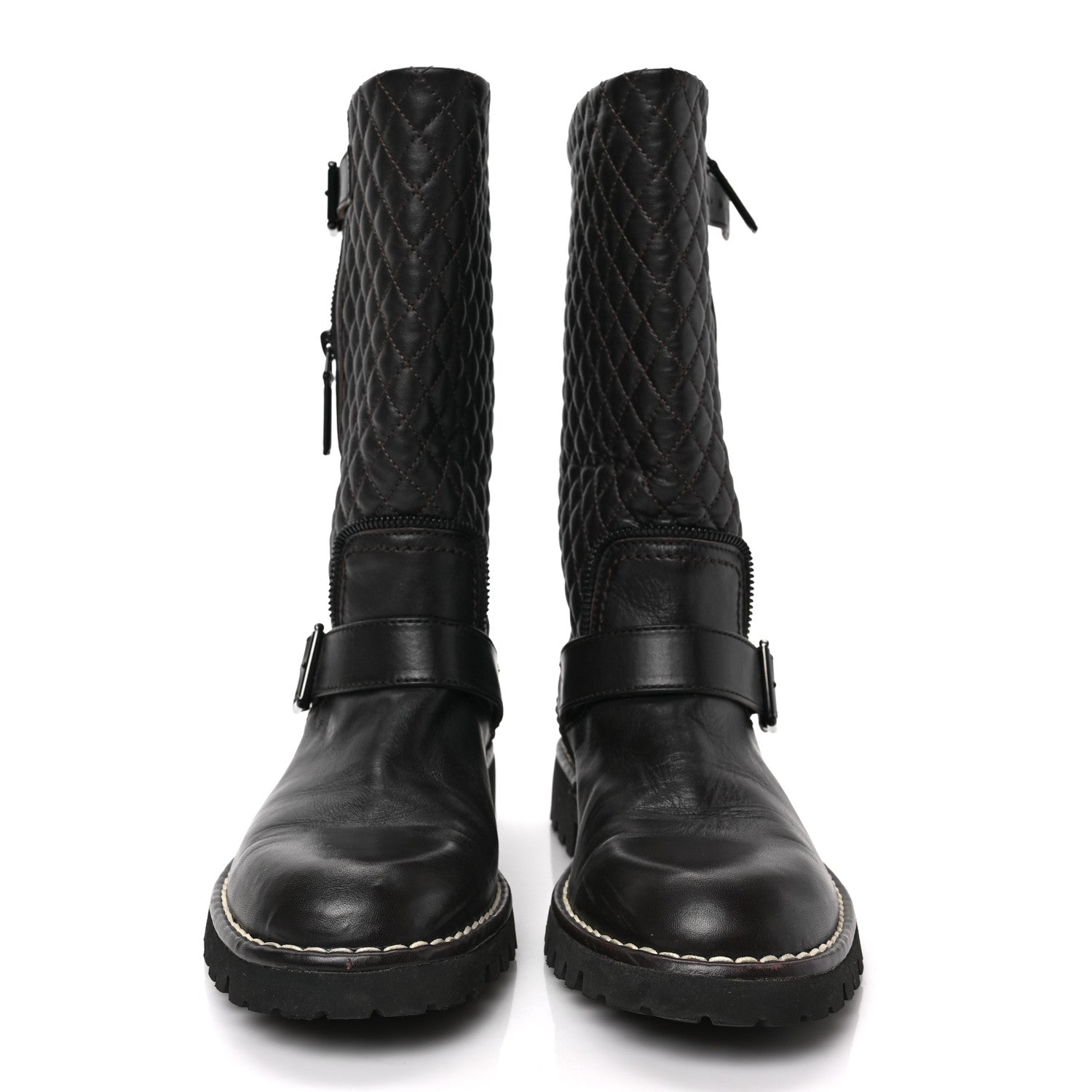 Chanel Calfskin Quilted Biker Boots 37.5 Brown 2 of 7
