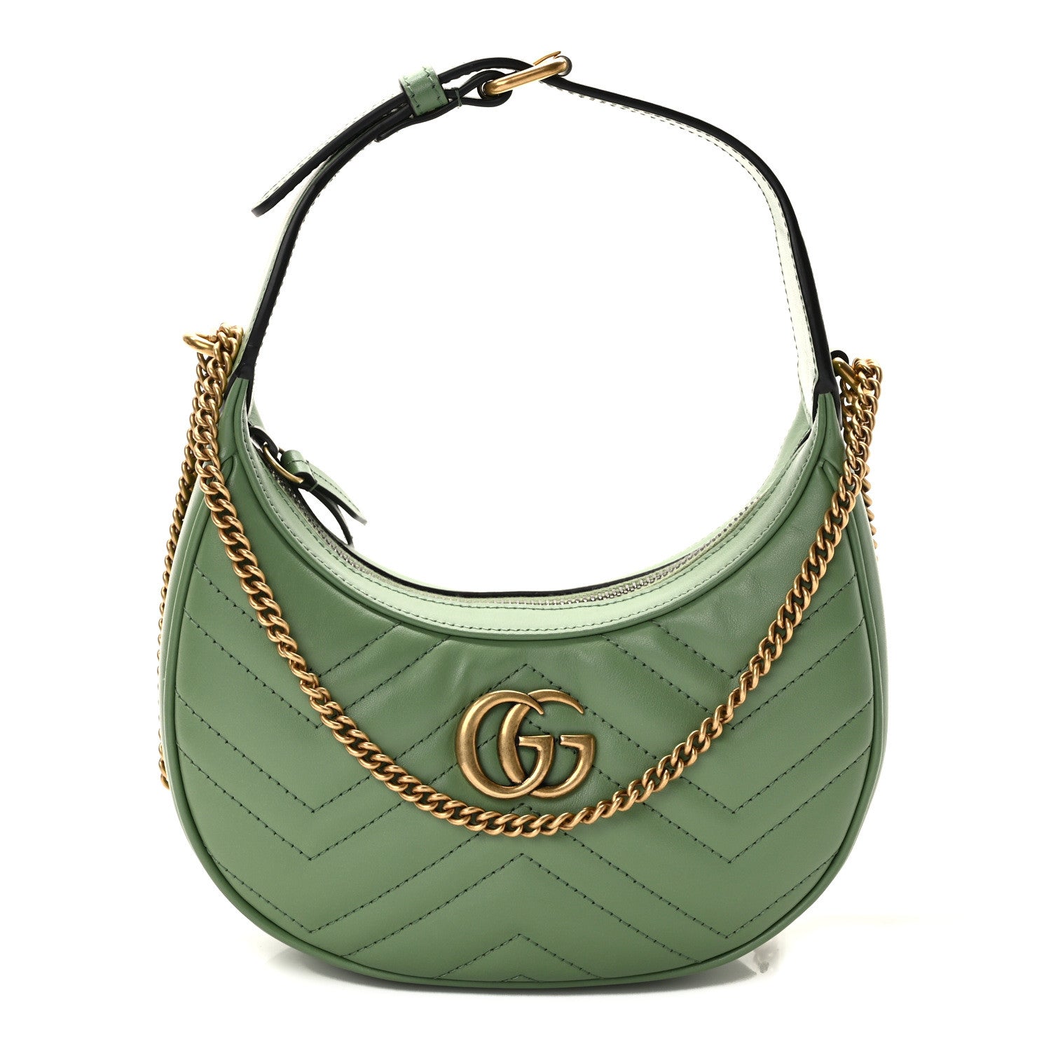 Gucci Calfskin Matelasse Chevron Mini GG Marmont Half Moon Hobo Salamander Green 1 of 9