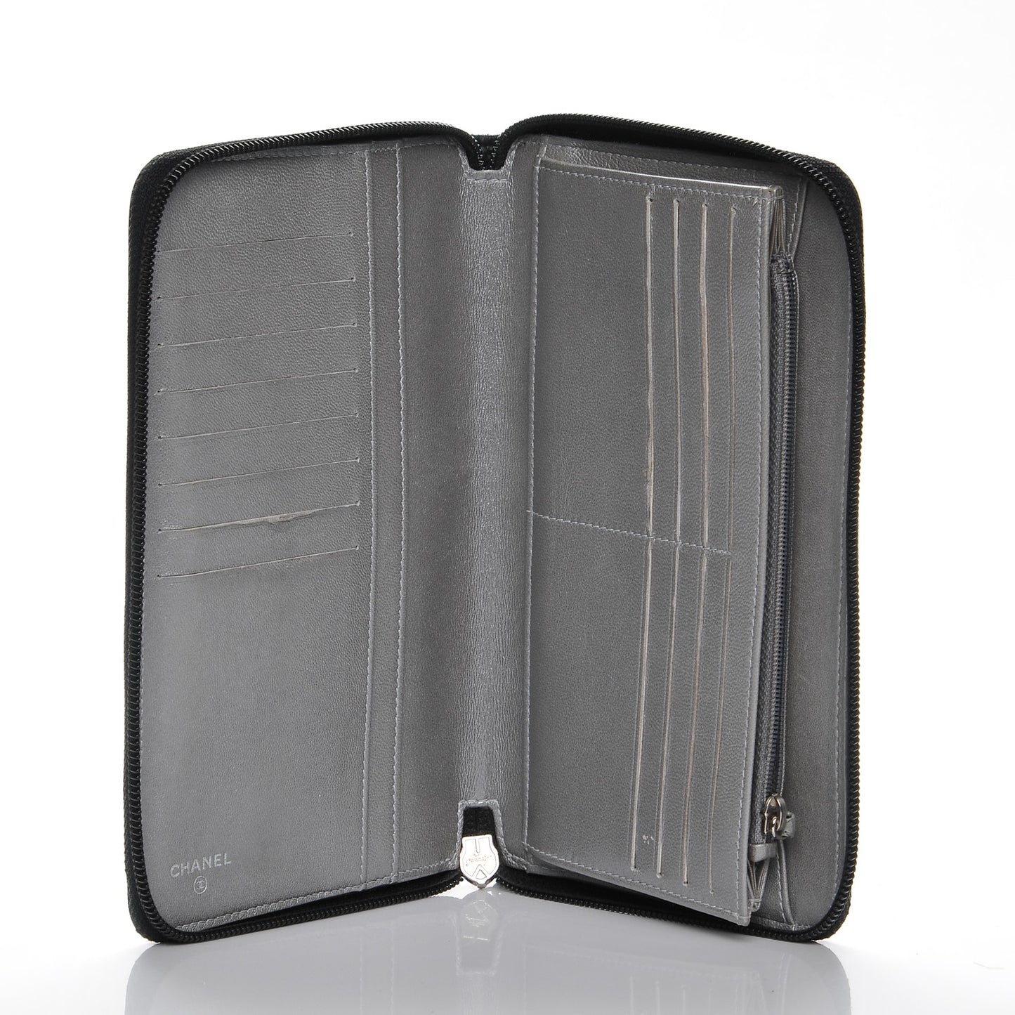 Lambskin Camellia Embossed Zip Around Organizer Wallet Black