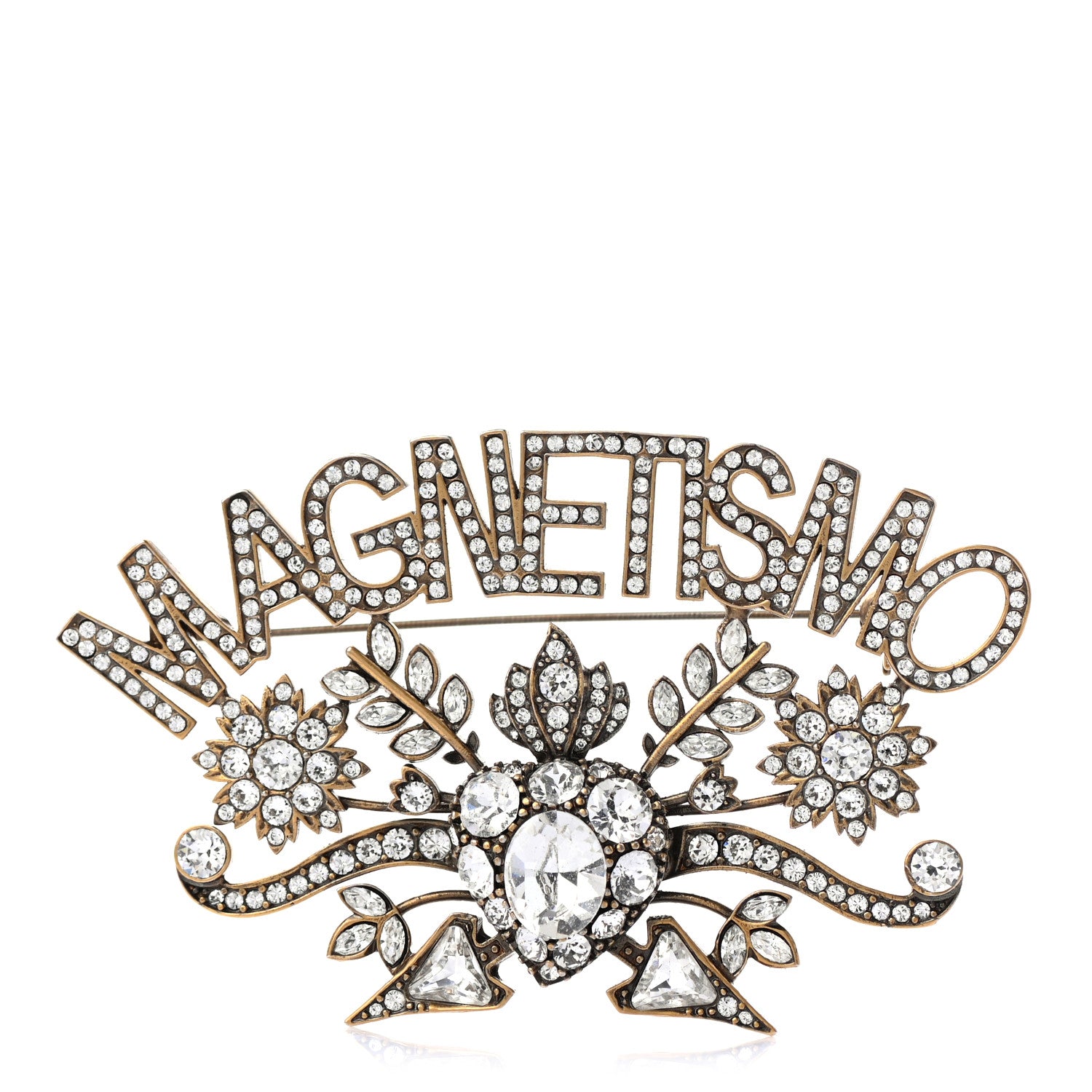 Gucci Metal Crystal Magnetismo Brooch Aged Gold 1 of 7