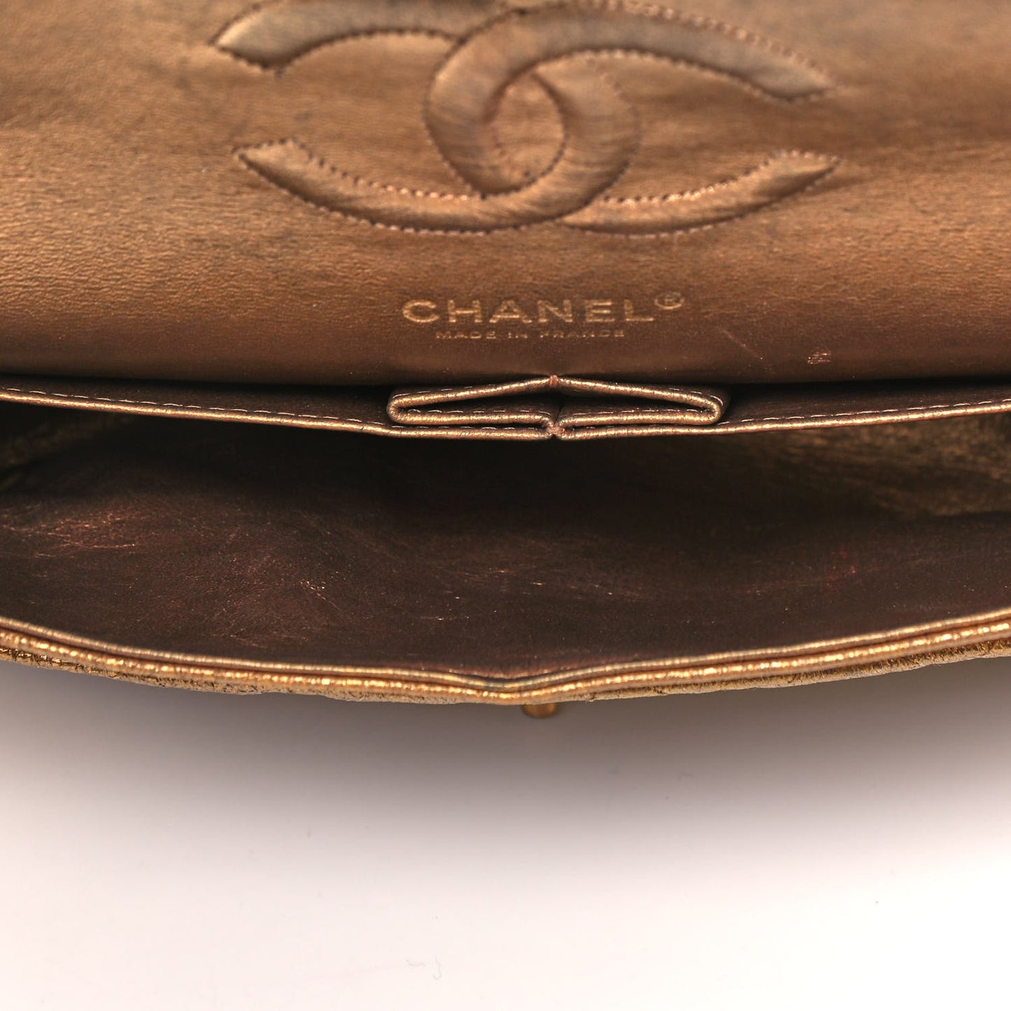 Metallic Crackled Calfskin Quilted Medium Double Flap Dark Gold