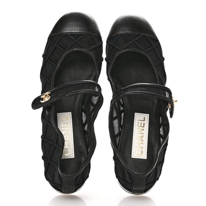 Chanel Lambskin Fabric Mesh Quilted Mary Jane Cap Toe Flats 40 Black 39 Black 2 of 8