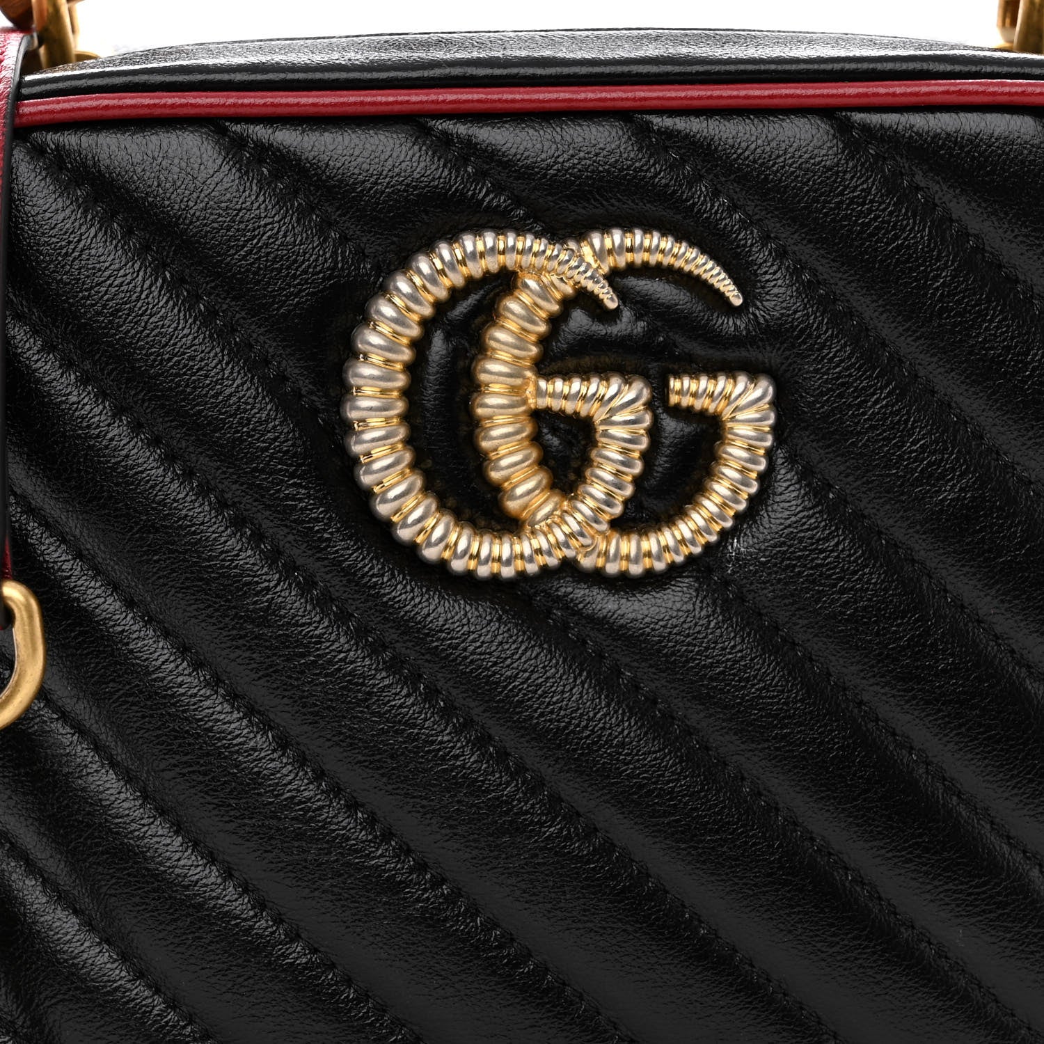 Gucci Vintage Effect Calfskin Matelasse Diagonal Small Torchon GG Marmont Bamboo Top Handle Shoulder Bag Black Romantic Cherry 7 of 11