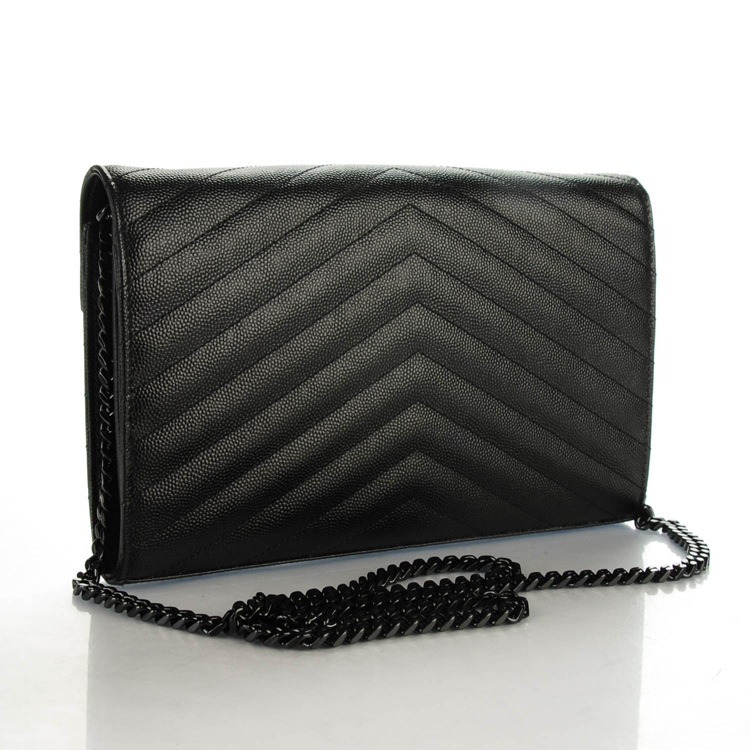 Saint Laurent Grain De Poudre Matelasse Chevron Medium Monogram Chain Wallet Black 3 of 7
