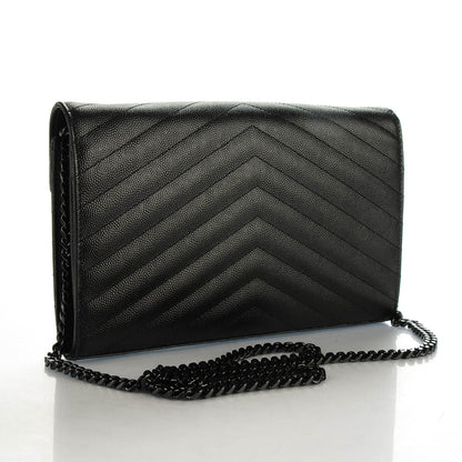 Saint Laurent Grain De Poudre Matelasse Chevron Medium Monogram Chain Wallet Black 3 of 7