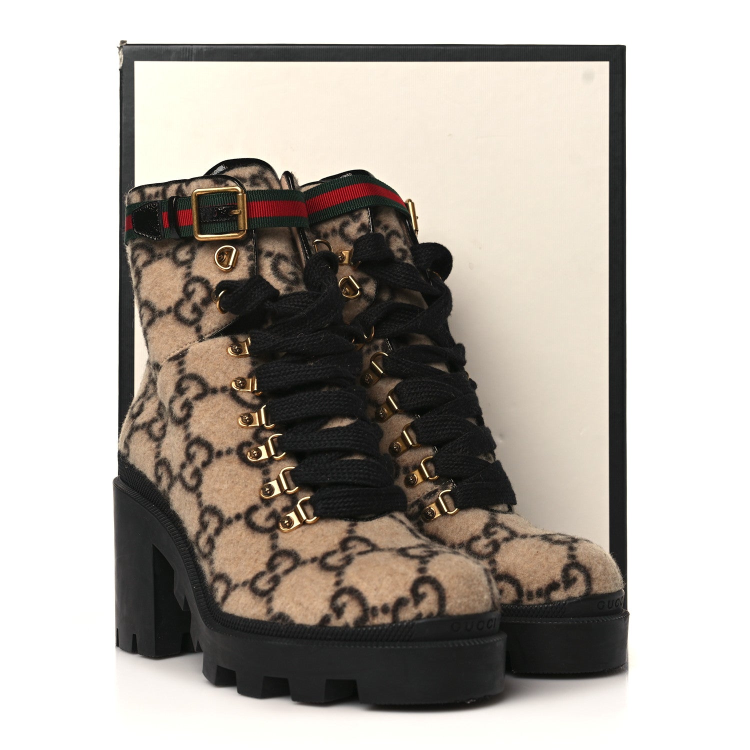 Gucci Covered Wool GG Monogram Womens Lace Up Combat Ankle Boots 40 Beige Ebony Black 10 of 10