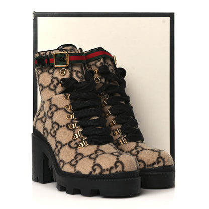 Gucci Covered Wool GG Monogram Womens Lace Up Combat Ankle Boots 40 Beige Ebony Black 10 of 10