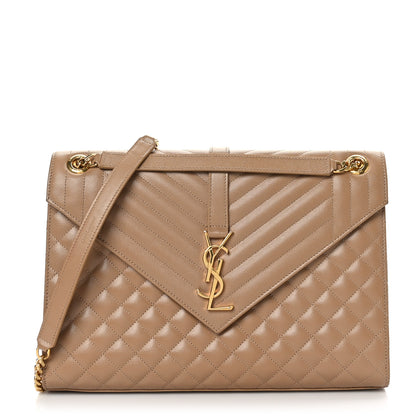 Saint Laurent Grain De Poudre Mixed Matelasse Large Triquilt Monogram Satchel Dark Beige 1 of 10