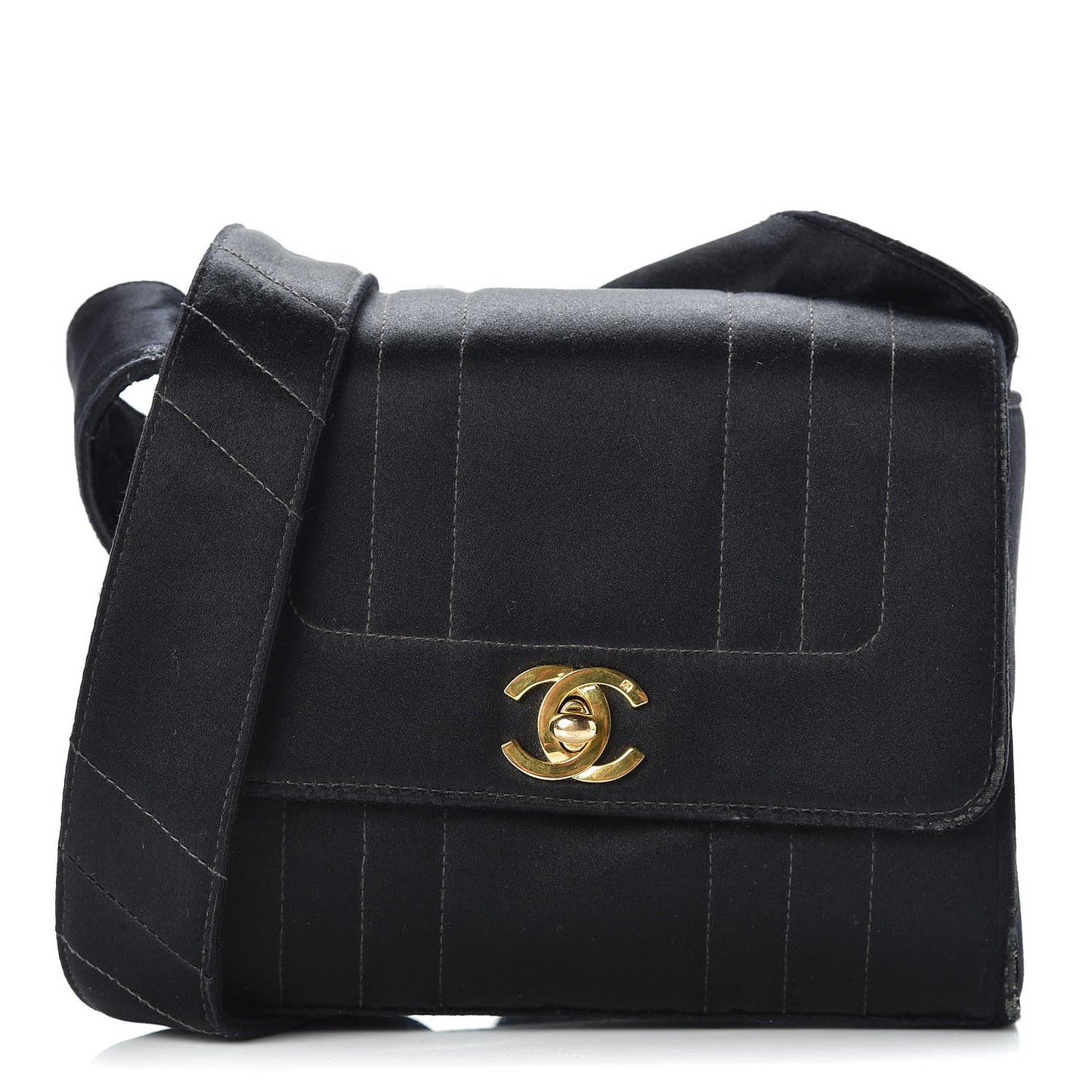Satin Vertical Quilt Mini Flap Shoulder Bag Black