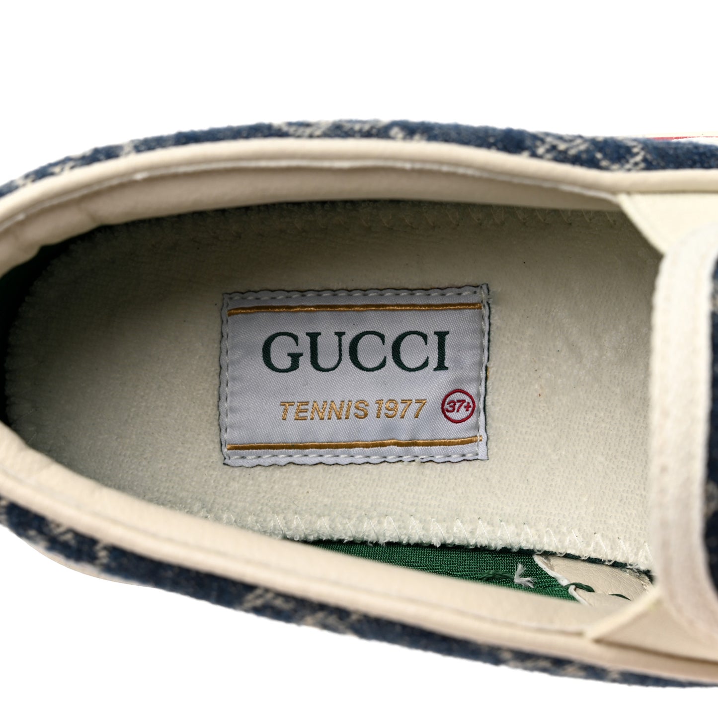 New Denim GG Monogram Womens 1977 Tennis Slip On 30mm Sneakers 37.5 Blue Tea Mystic White