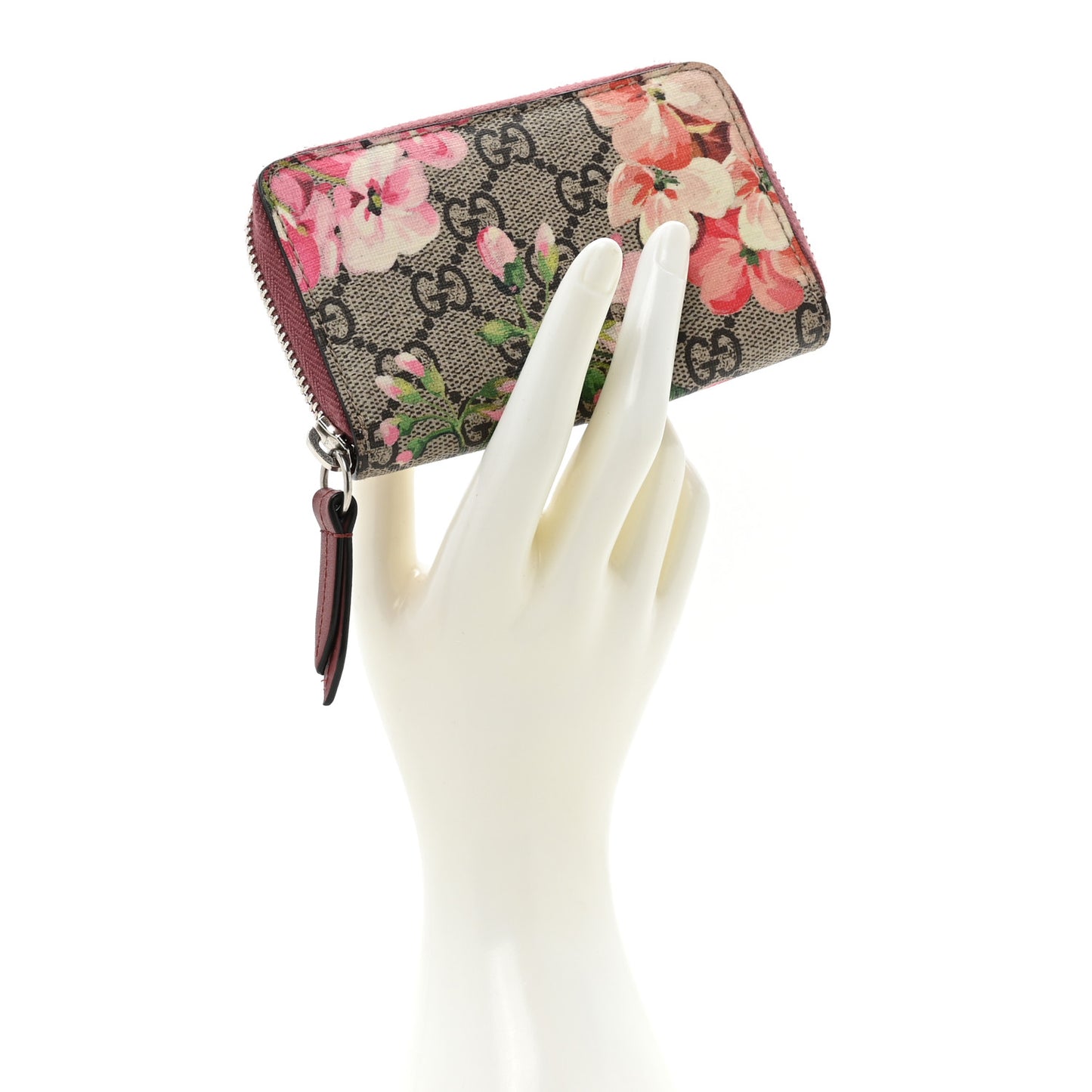 GG Supreme Monogram Blooms Zip Around Card Case Wallet Beige Multicolor Dry Rose
