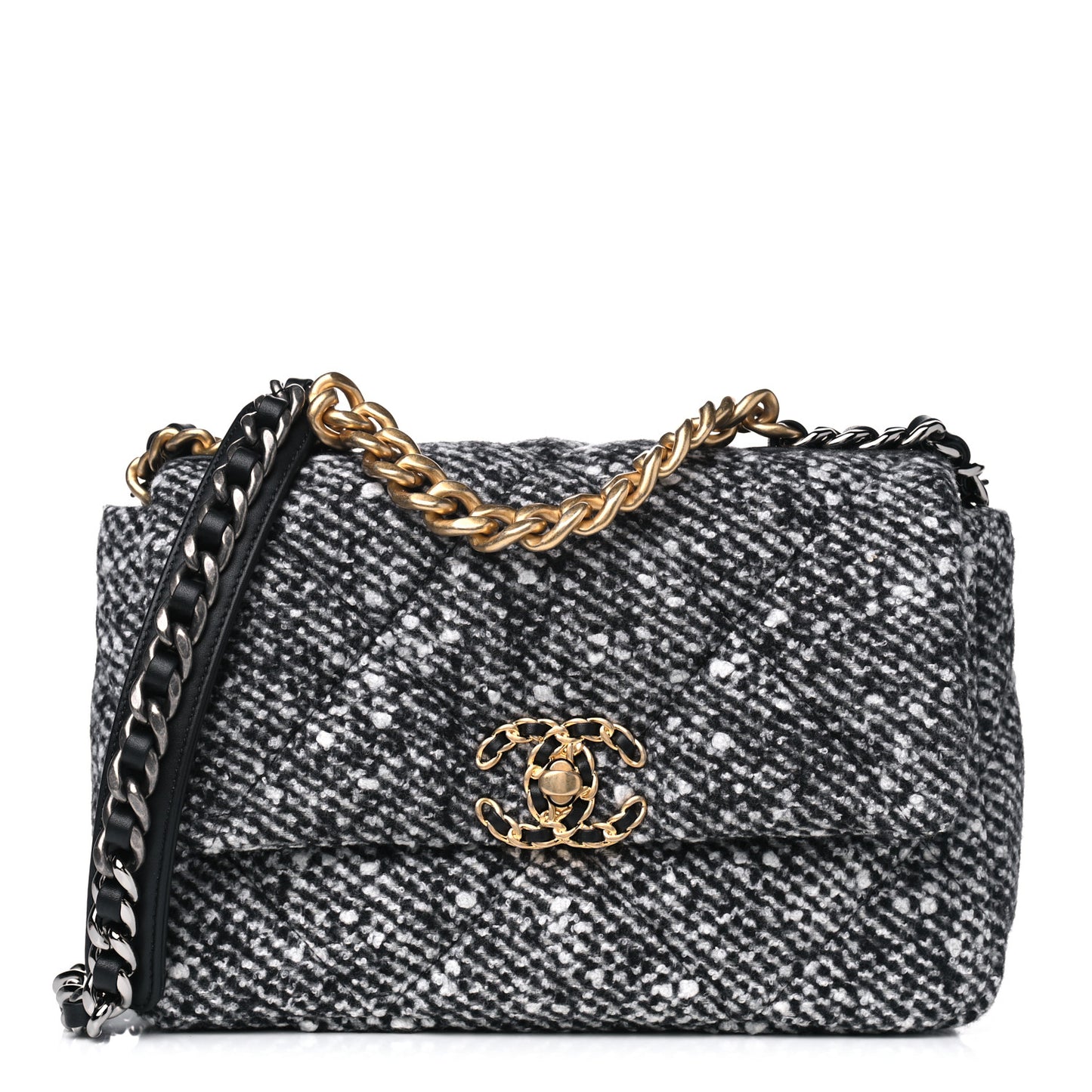 Tweed Quilted Medium Chanel 19 Flap Black White
