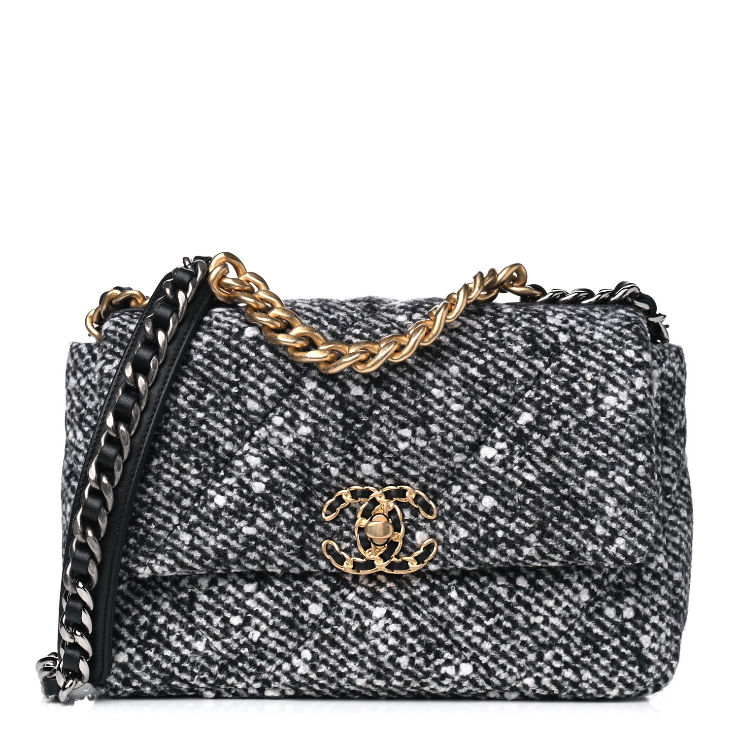 Chanel Tweed Quilted Medium Chanel 19 Flap Black White 1 of 5