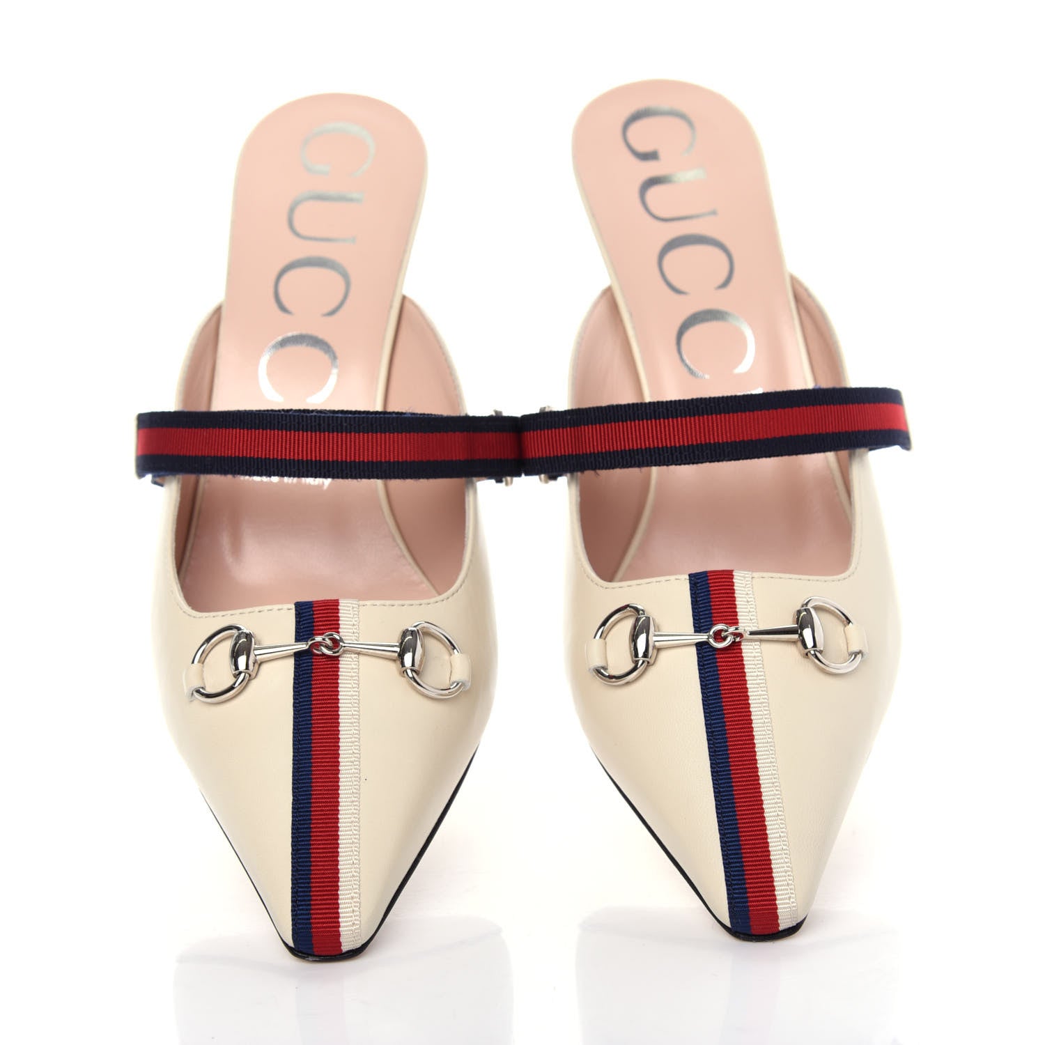 Gucci Malaga Kid Sylvie Web Cross Strap Mid-Heel Slides 39 Vintage White 5 of 11