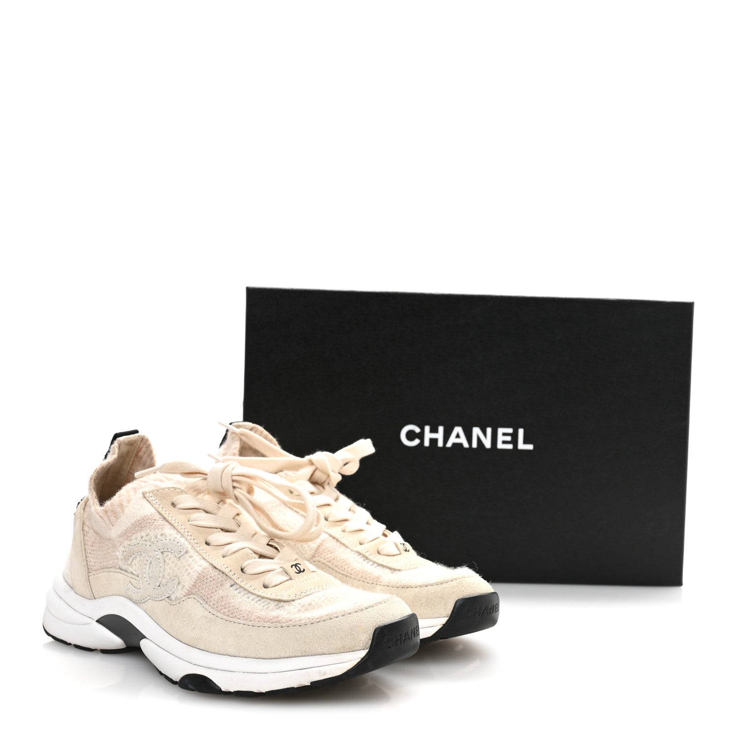 Chanel Knit Fabric Suede Calfskin Womens CC Sneakers 36 Ivory 8 of 8