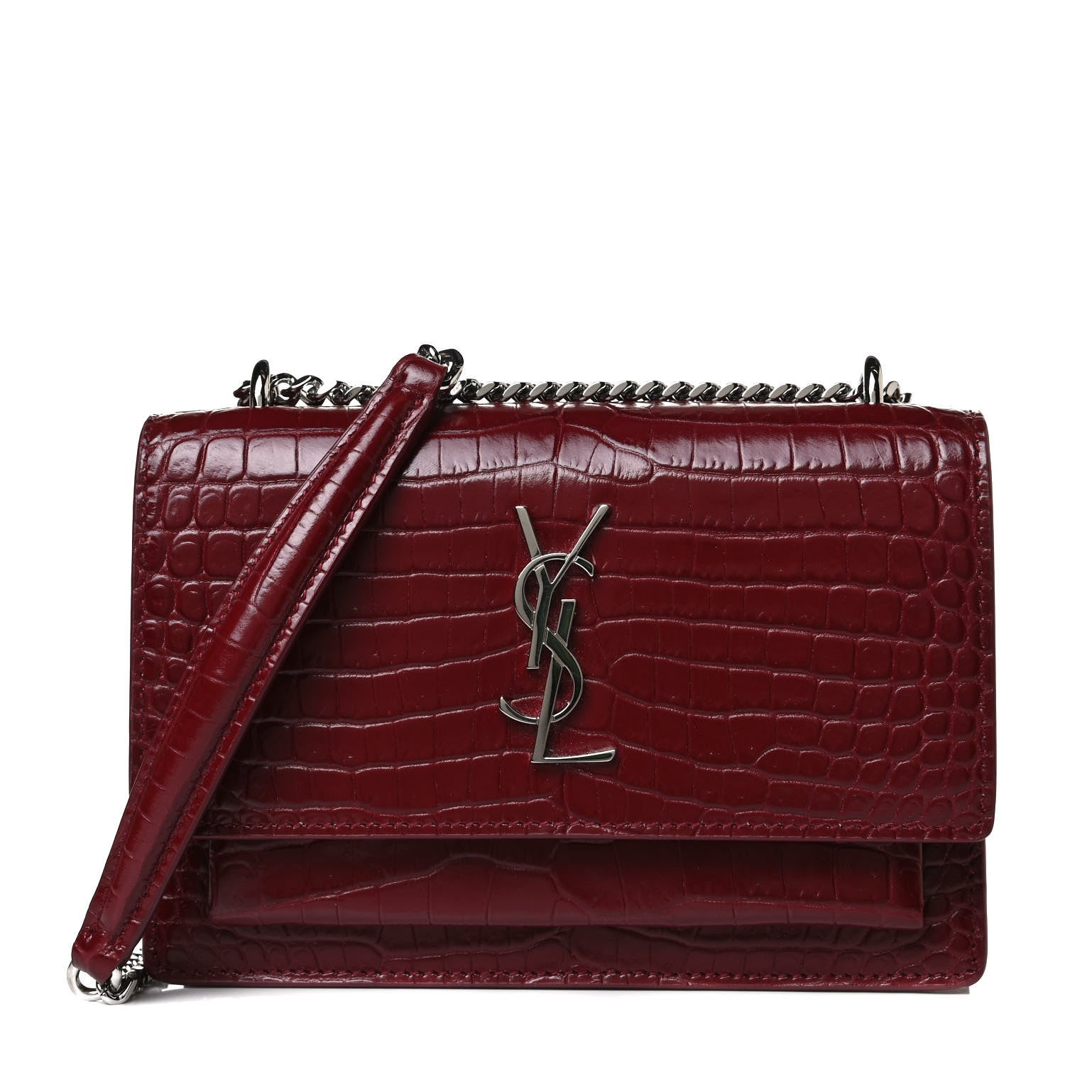 Saint Laurent Calfskin Crocodile Embossed Monogram Sunset Chain Wallet Palissandre 1 of 13