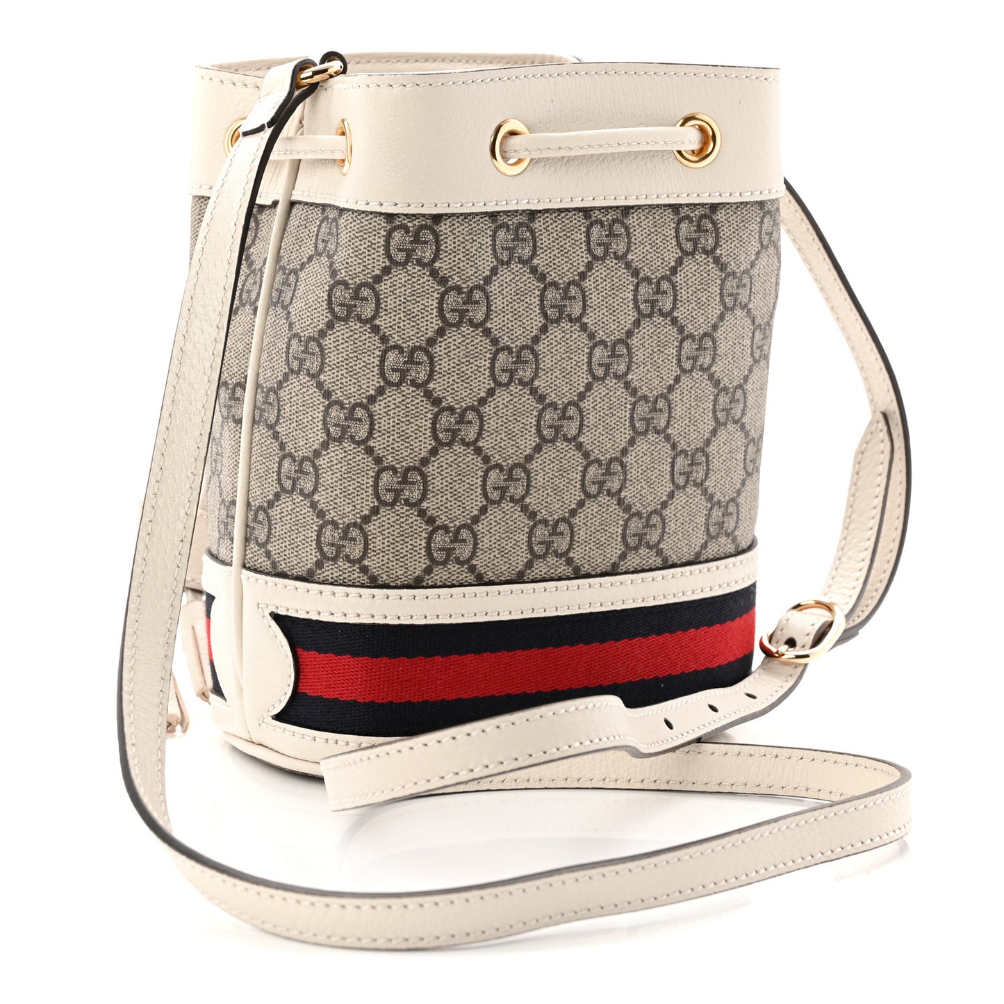 GG Supreme Monogram Textured Calfskin Web Mini Ophidia Bucket Bag Beige Ebony Mystic White