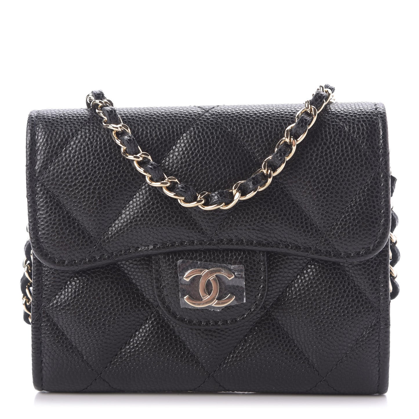 Caviar Quilted Flap Card Holder On Chain Black