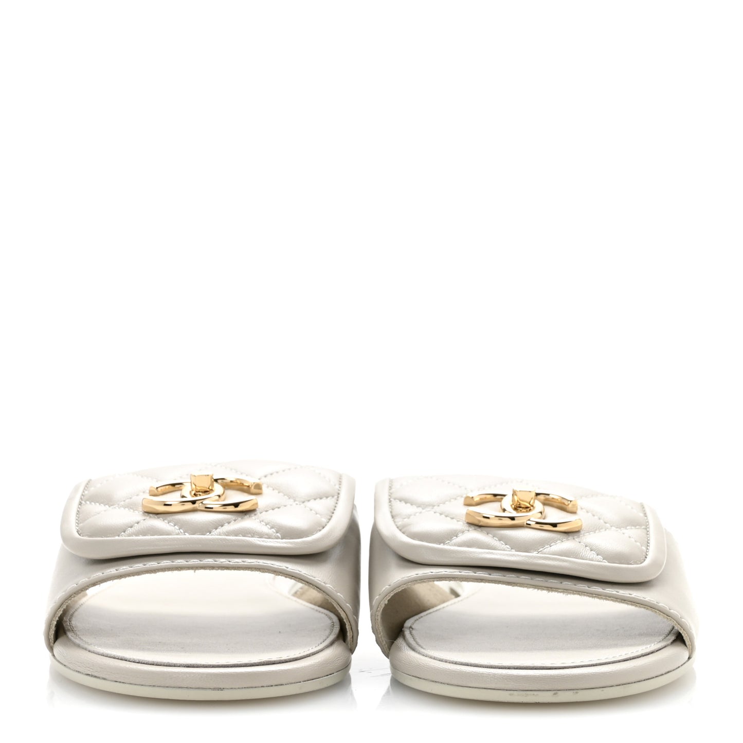 Lambskin Quilted Turnlock Flat Mules 38.5 Light Gray