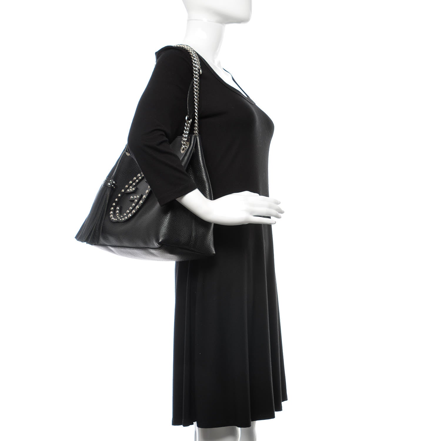 Gucci Pebbled Calfskin Studded Medium Soho Chain Shoulder Bag Black 2 of 9