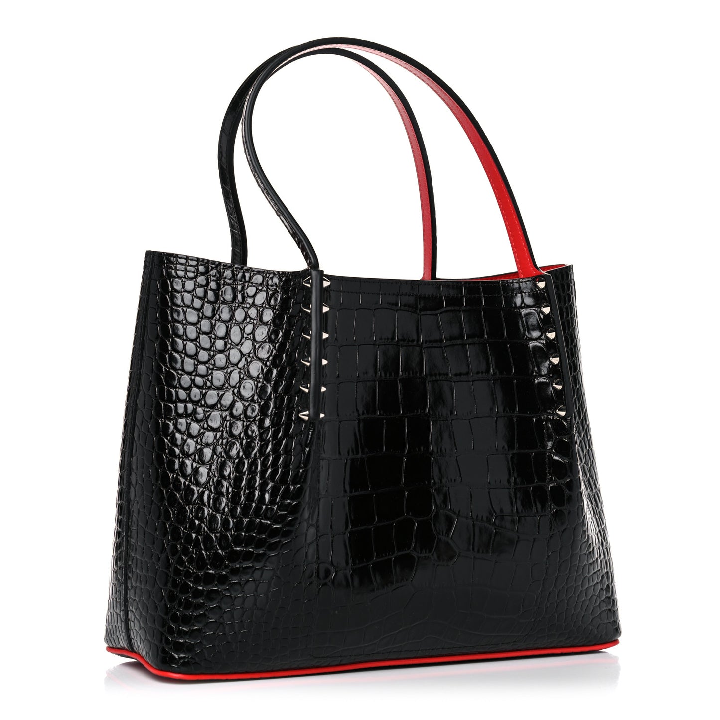 Crocodile Embossed Calfskin Spiked Small Cabarock Shopper Tote Black