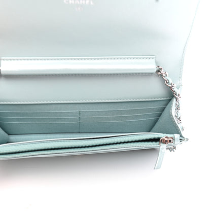 Chanel Metallic Caviar Chevron Quilted Vintage Mademoiselle Wallet On Chain WOC Light Blue 5 of 9