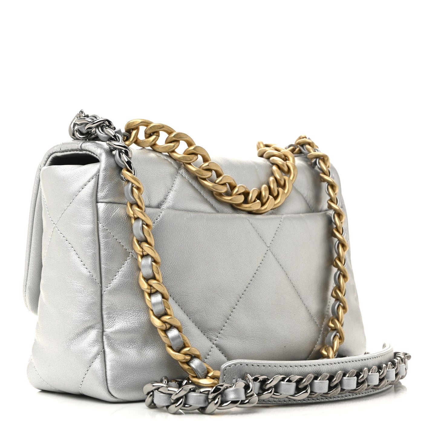 Metallic Goatskin Quilted Medium Chanel 19 Flap Silver