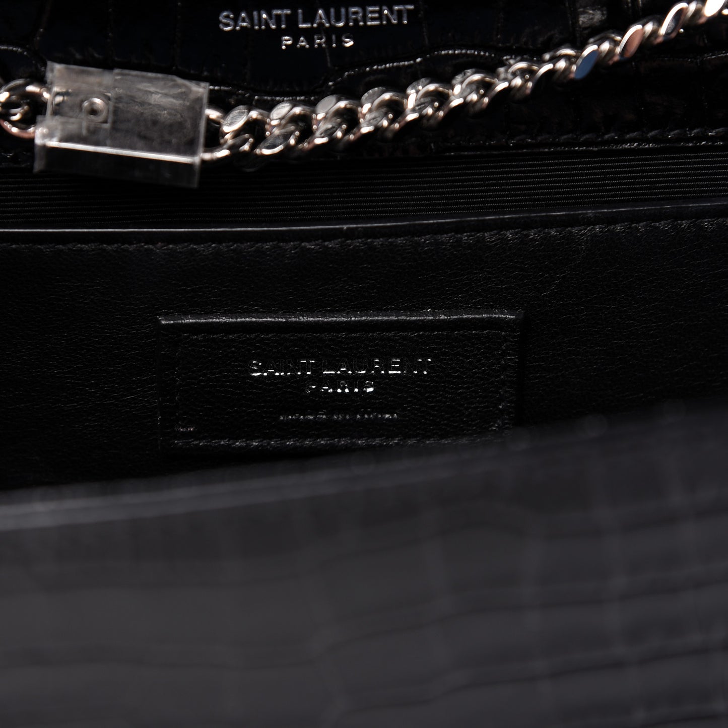 Calfskin Crocodile Embossed Medium Classic Monogram Kate Tassel Satchel Black