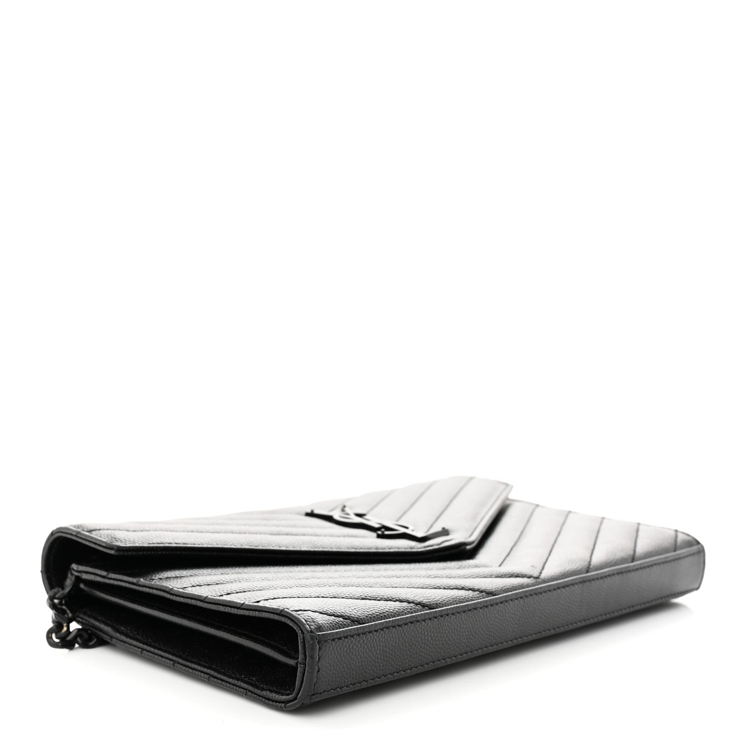 Saint Laurent Grain De Poudre Matelasse Chevron Monogram Monochrome Chain Wallet Black 4 of 13