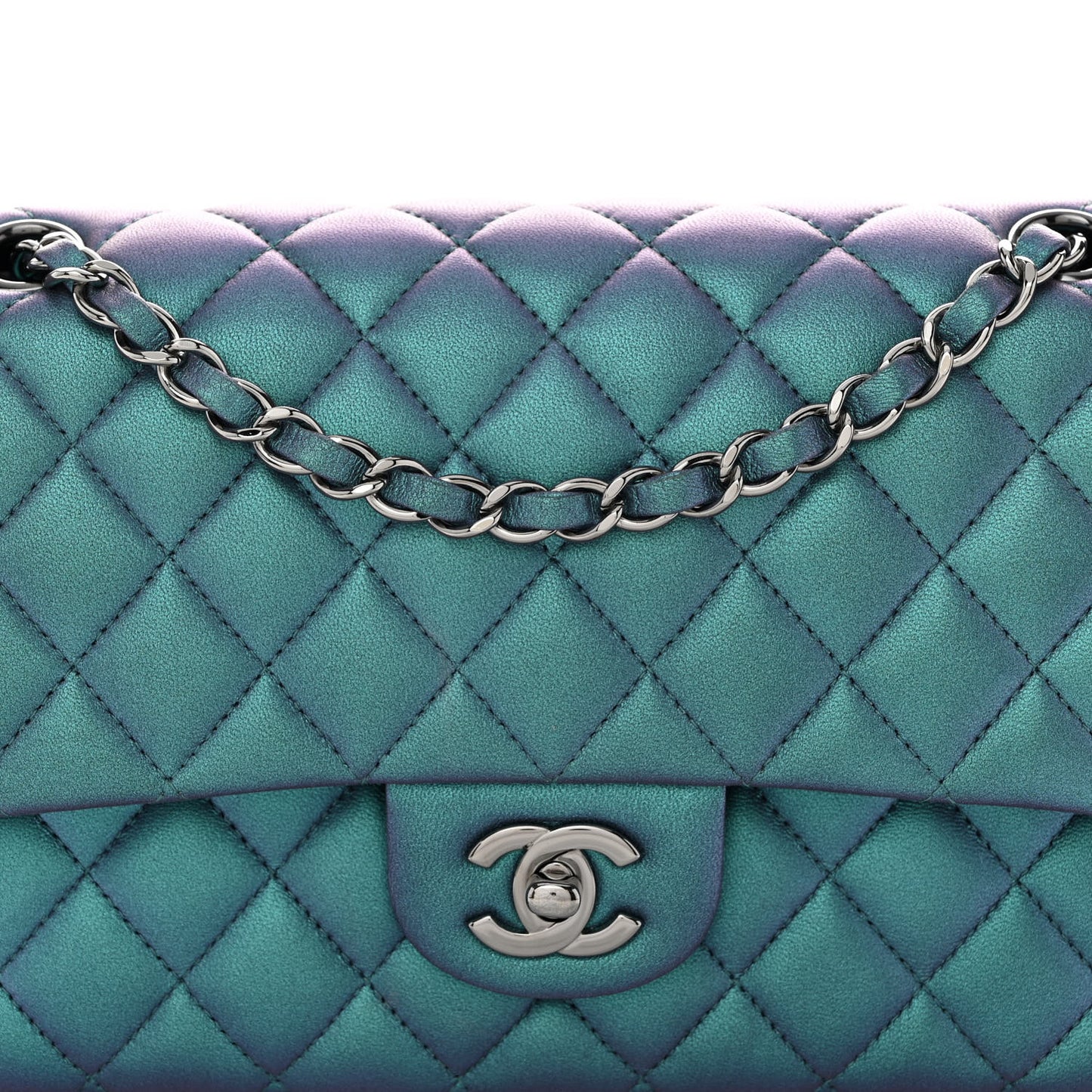 Metallic Lambskin Quilted Medium Double Flap Turquoise