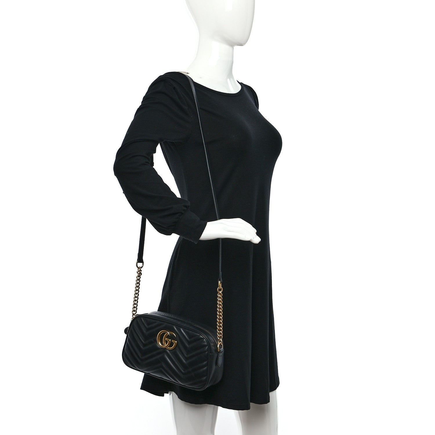 Gucci Calfskin Matelasse Small GG Marmont Chain Shoulder Bag Black 2 of 10