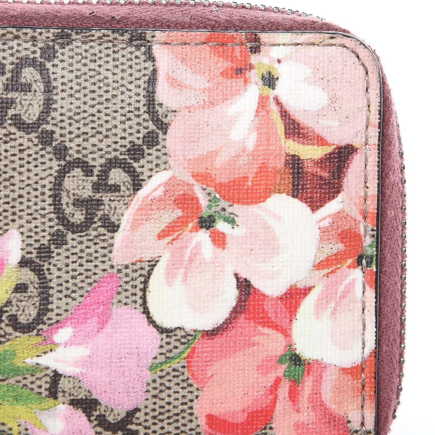 Gucci GG Supreme Monogram Blooms Zip Around Card Case Wallet Beige Multicolor Dry Rose 7 of 13
