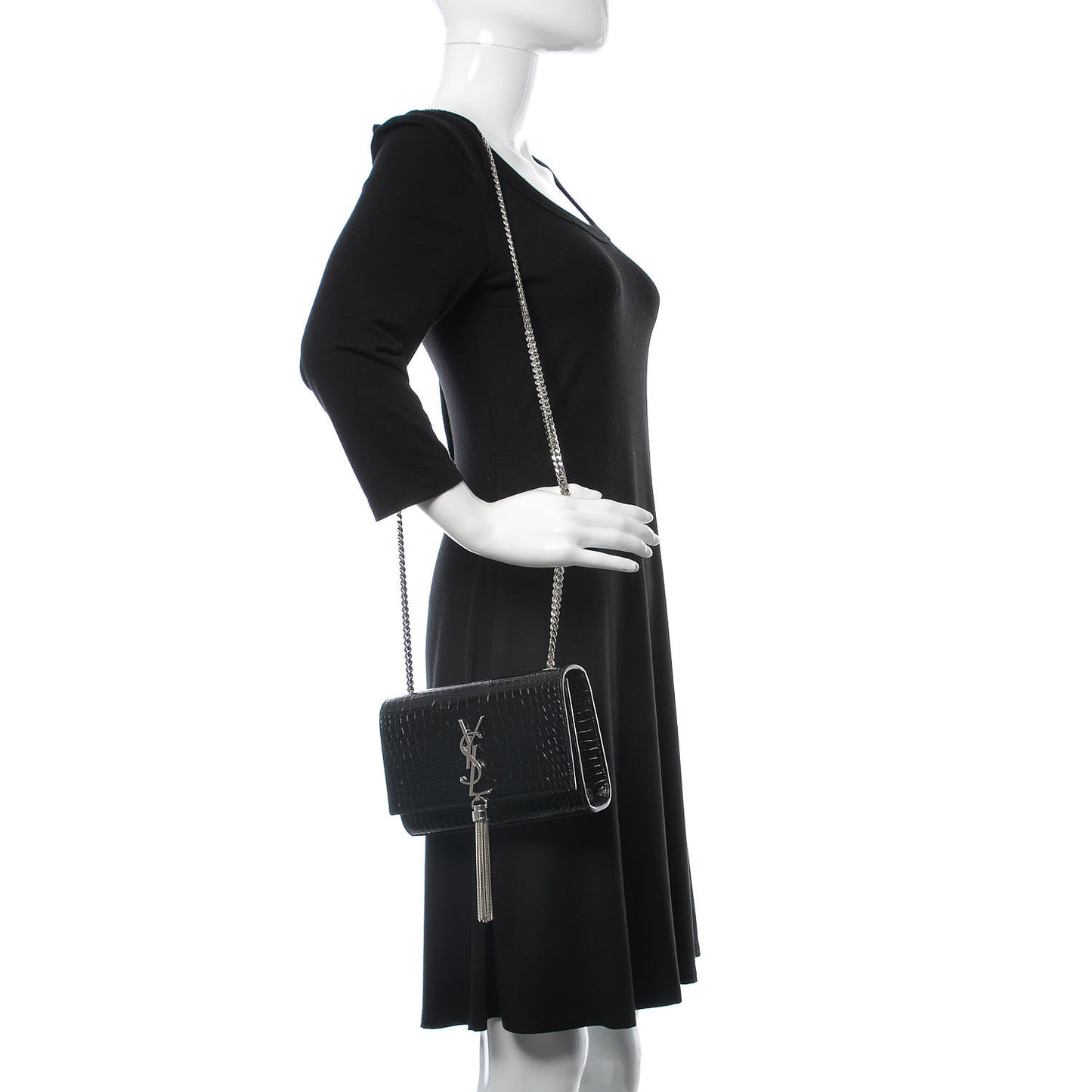 Croc Calfskin Embossed Small Classic Monogram Kate Tassel Satchel Black