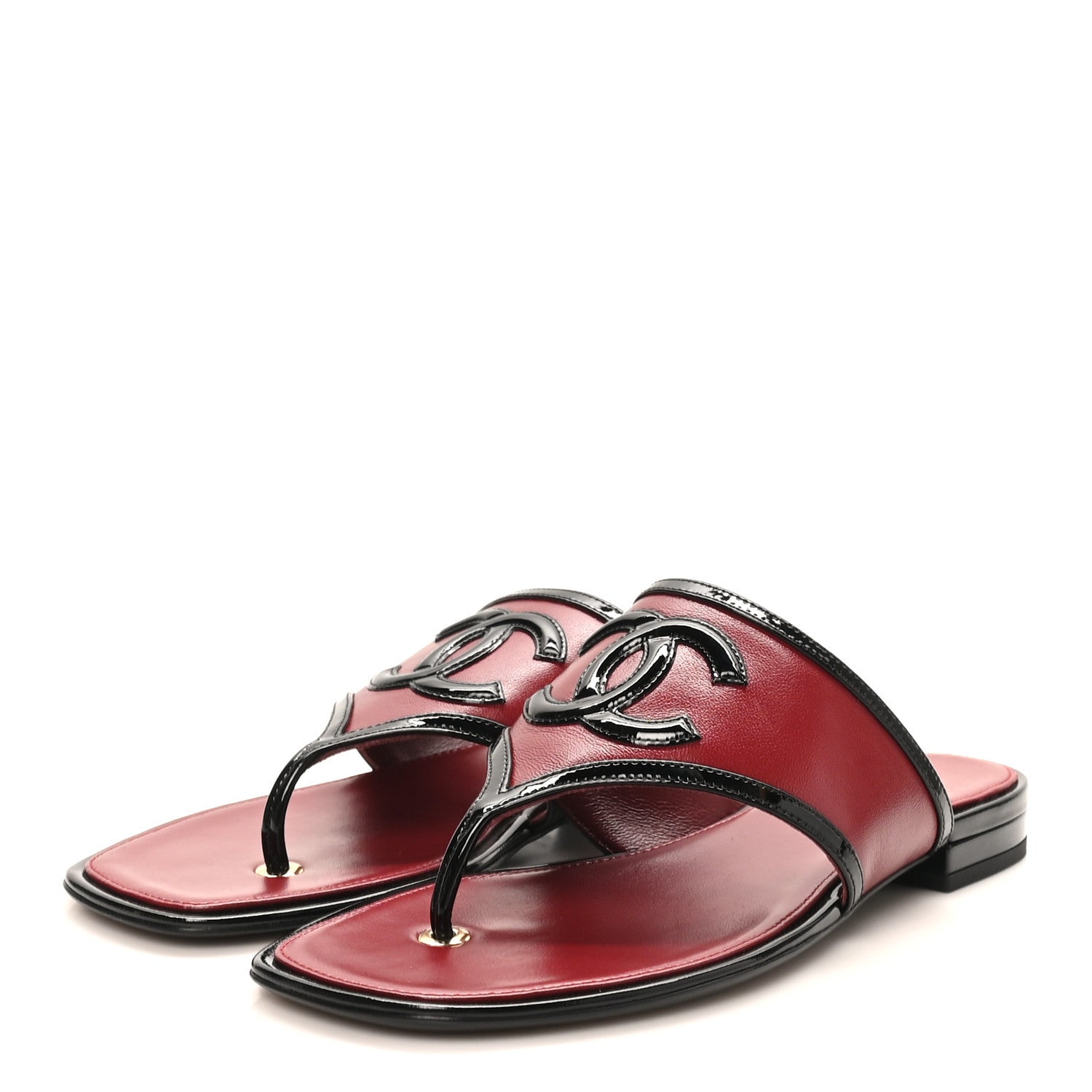 Chanel Lambskin Patent Calfskin CC Thong Sandals 37 Burgundy Black 5 of 9