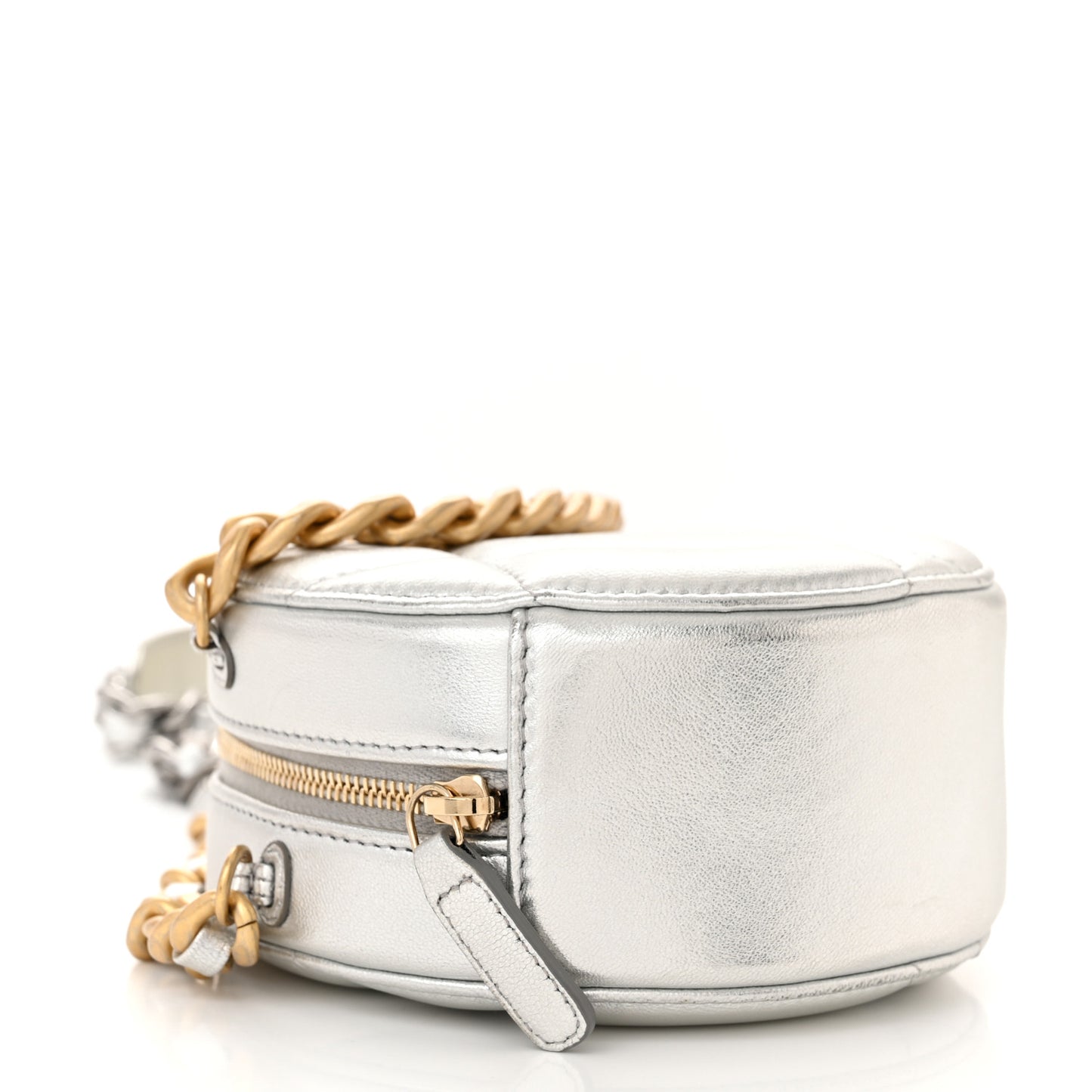 Metallic Lambskin Quilted Chanel 19 Round Clutch With Chain Silver