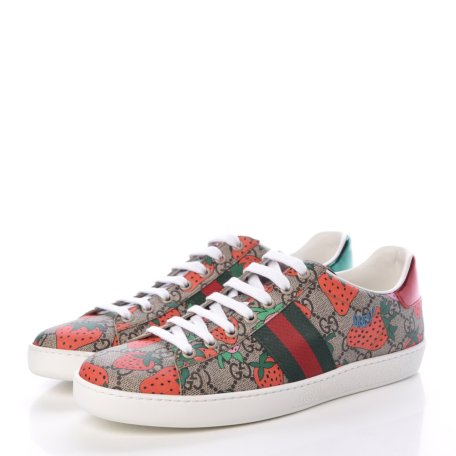 Gucci GG Supreme Monogram Strawberry Web Womens Ace Sneakers 40 Beige Multicolor Red Green 3 of 8