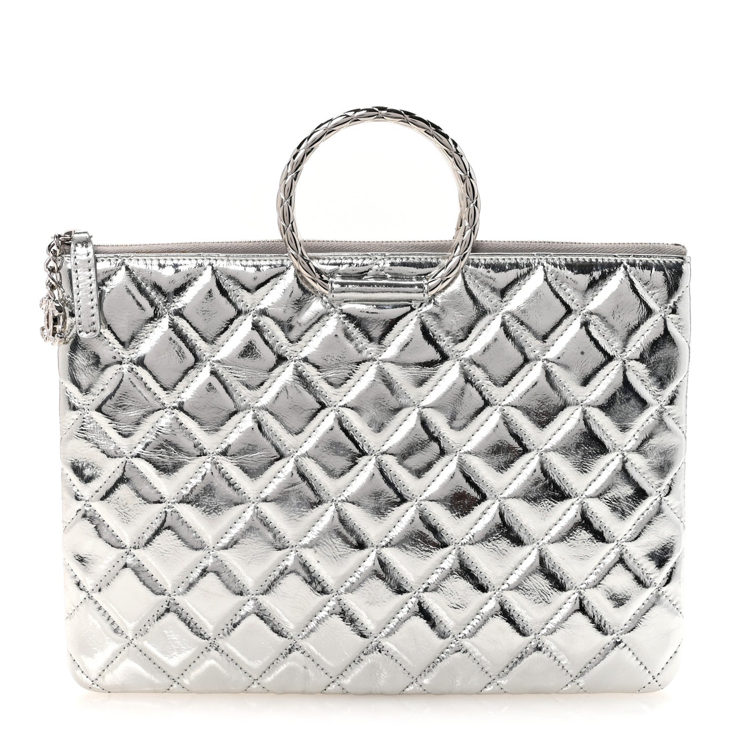 Metallic Aged Calfskin Quilted Round Handle Clutch Silver