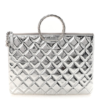Chanel Metallic Aged Calfskin Quilted Round Handle Clutch Silver 1 of 7