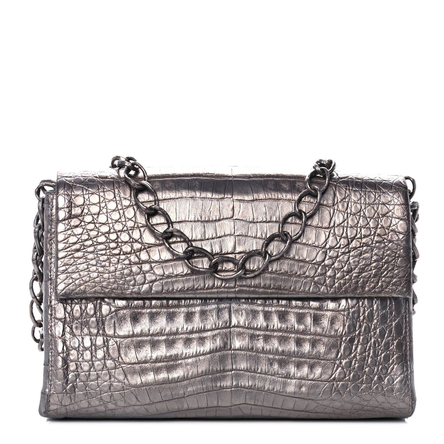 Metallic Crocodile Flap Chain Shoulder Bag Grey