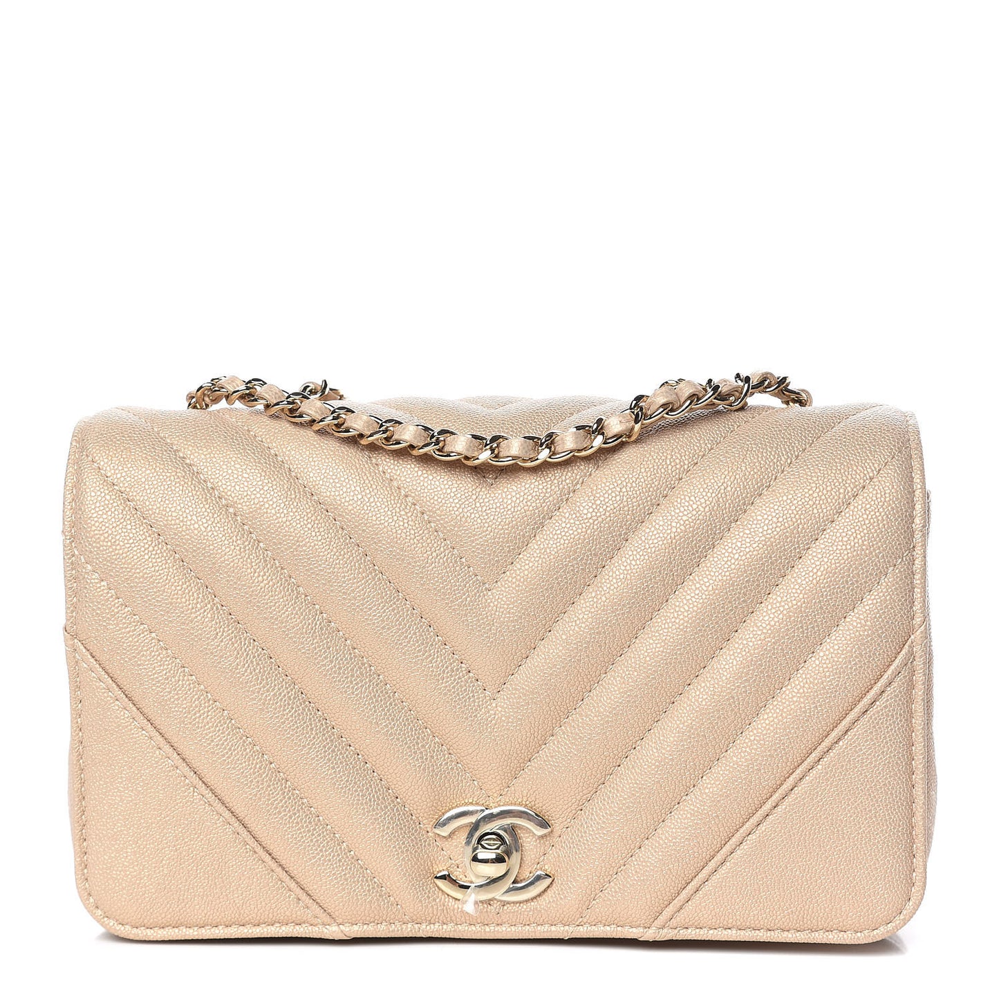Metallic Caviar Chevron Quilted Mini Statement Flap Beige