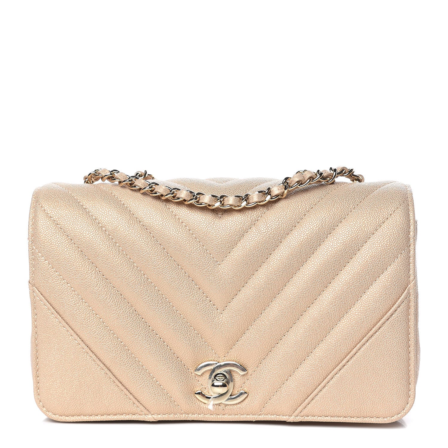 Chanel Metallic Caviar Chevron Quilted Mini Statement Flap Beige 1 of 12