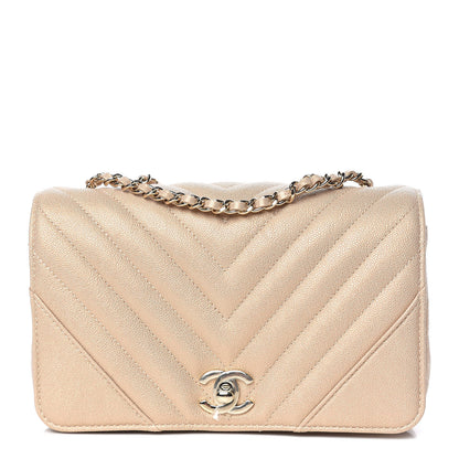 Chanel Metallic Caviar Chevron Quilted Mini Statement Flap Beige 1 of 12