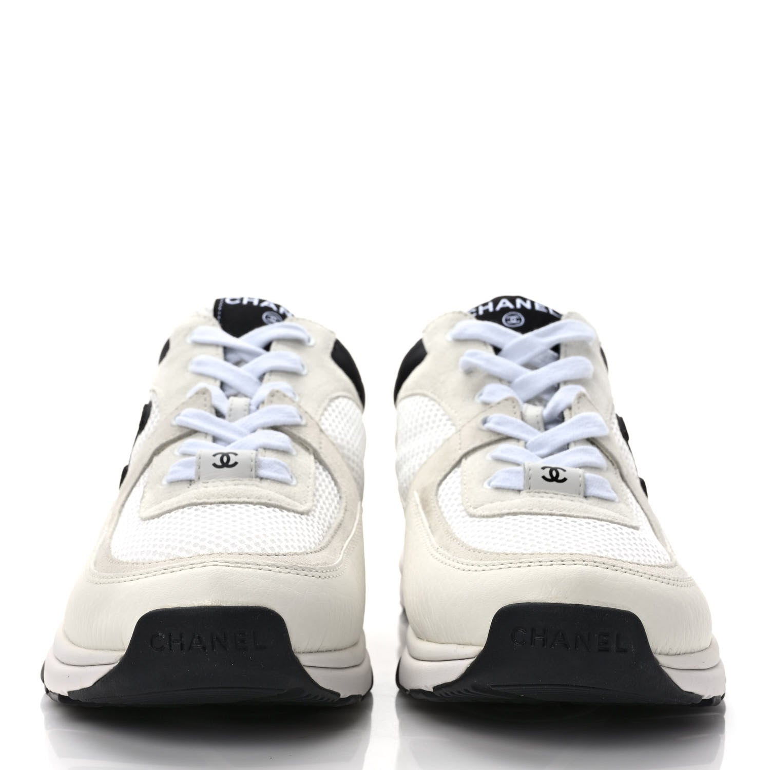 Chanel Mesh Suede Calfskin Grained Calfskin Womens CC Sneakers 40 White Black 2 of 8